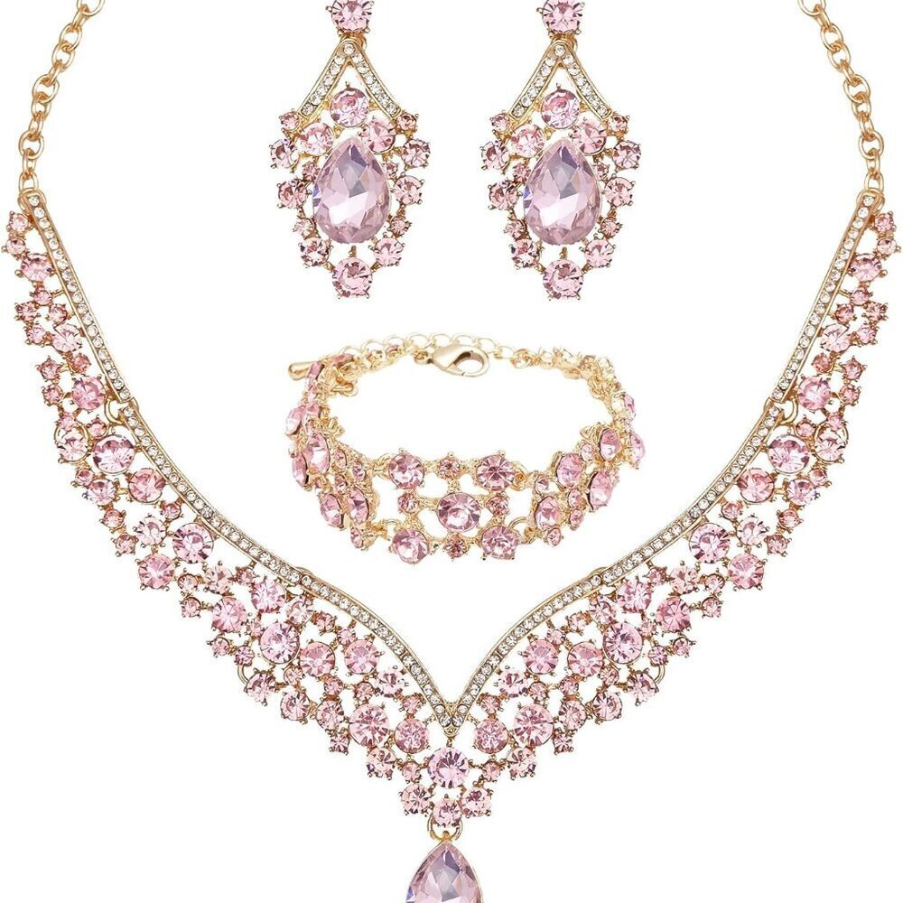 Women's Jewelry Set Crystal Necklace Earrings Link Bracelet Bridal Costume Gift